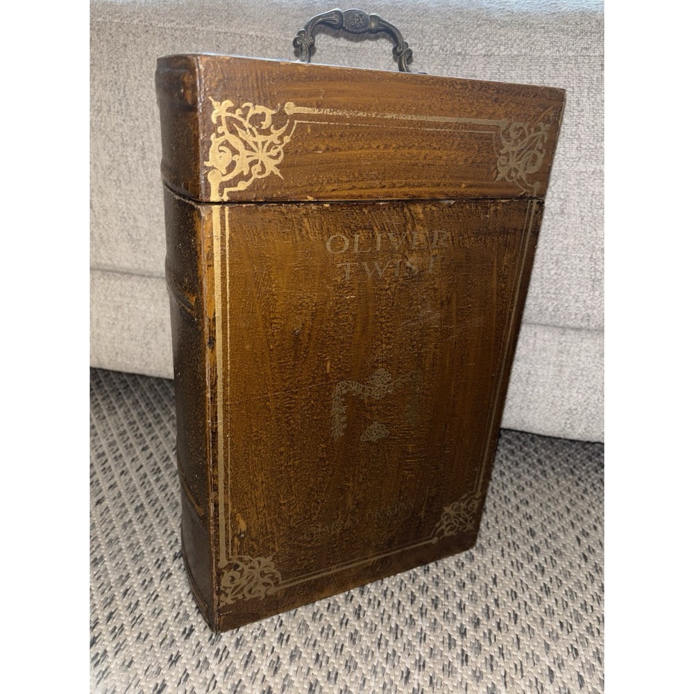 Large Wood Faux Book Box Oliver Twist By Charles Dickens Vintage Latch Buckle - Picture 11 of 16
